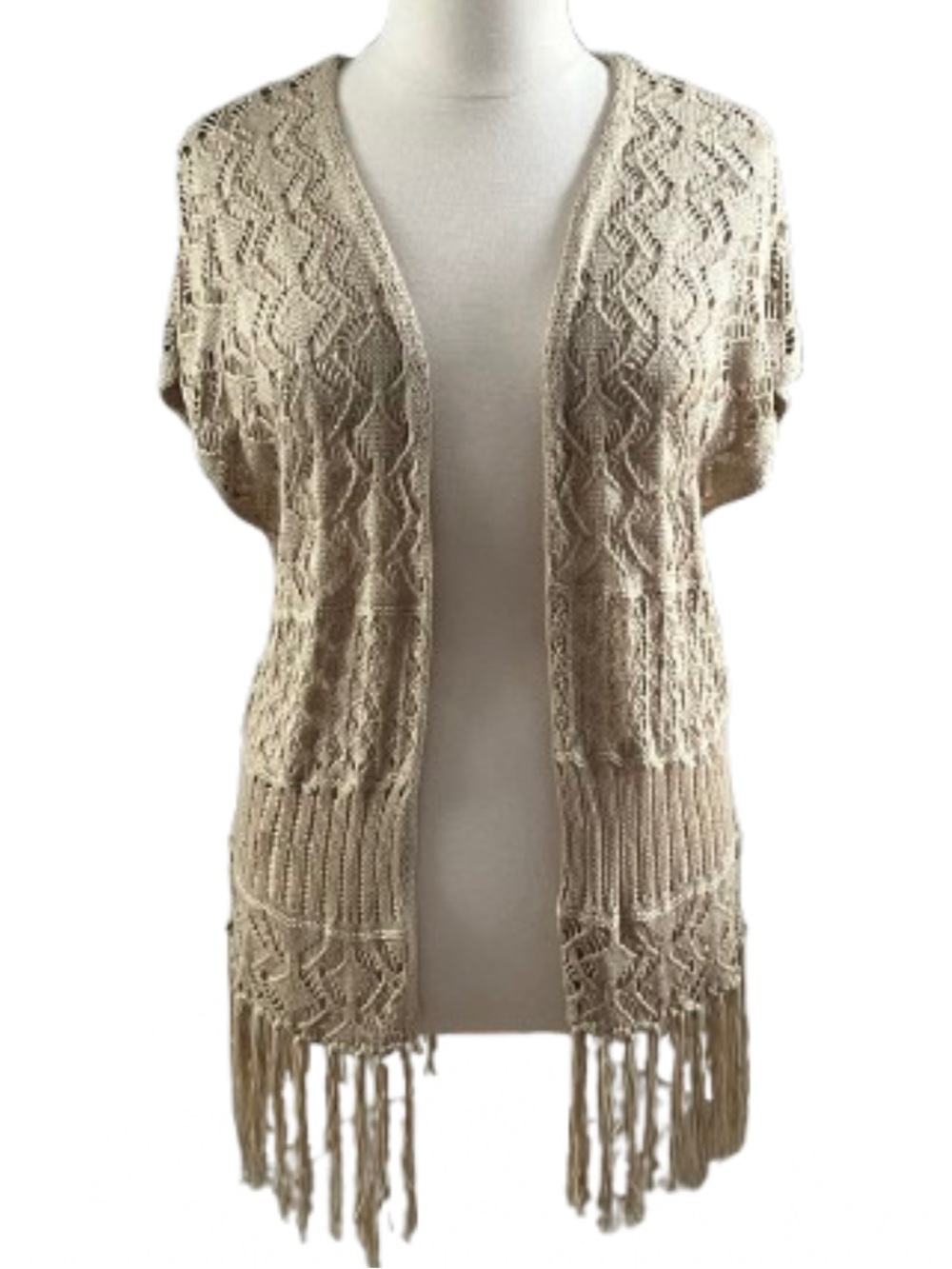 Cream Crochet Fringe Open-Front Vest